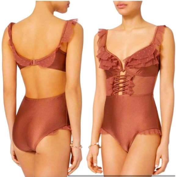 🌈 ZIMMERMANN CORSAIR CORSET RUFFLE One-Piece Swimsuit vintage rose size small - Picture 4 of 14